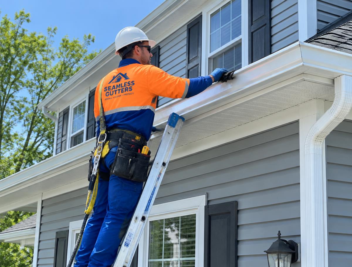Technician installing seamless gutters from a ladder